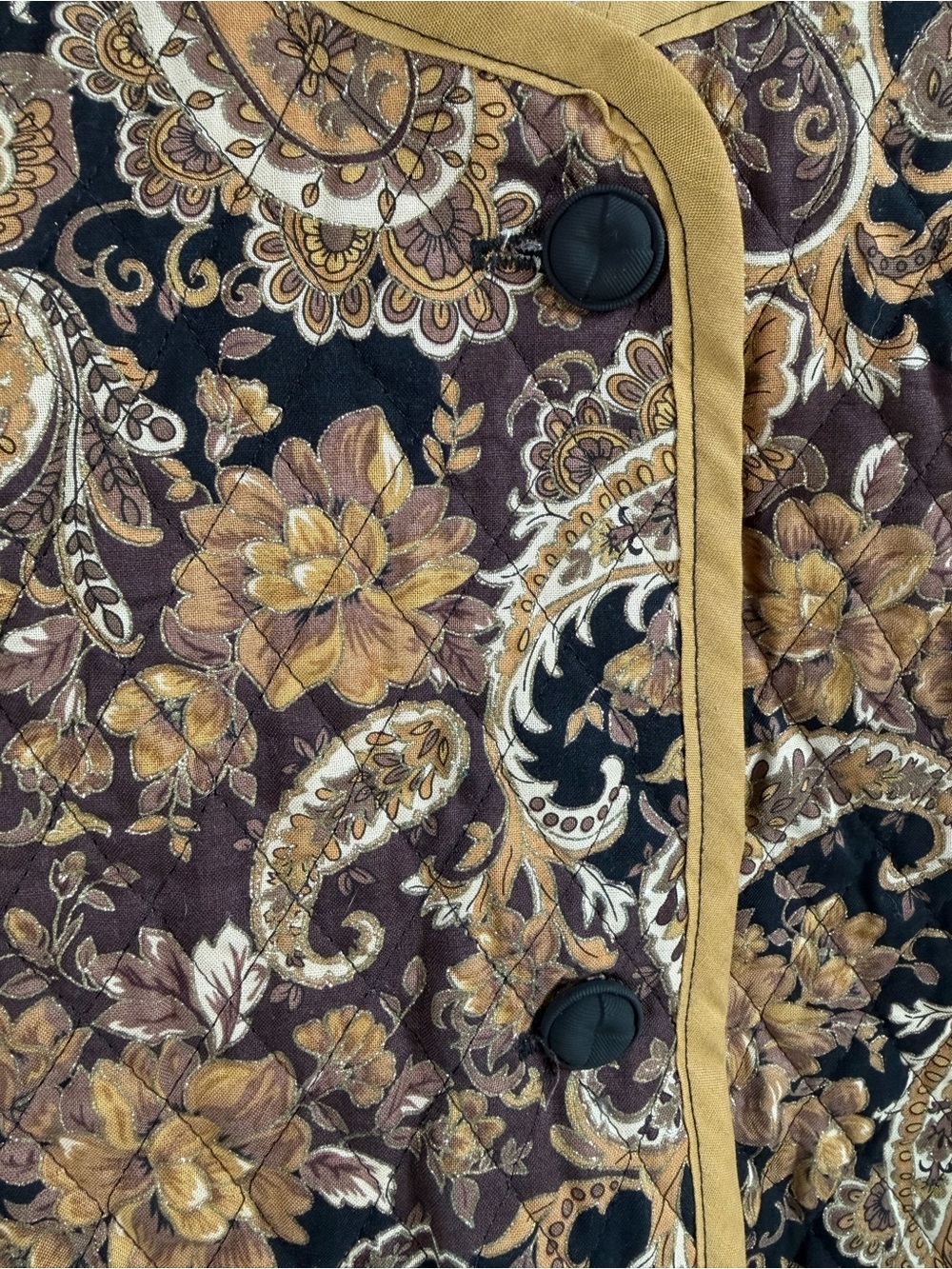 Paisley Floral Quilted Jacket Gold Brown Black Button Front - Picture 4 of 9